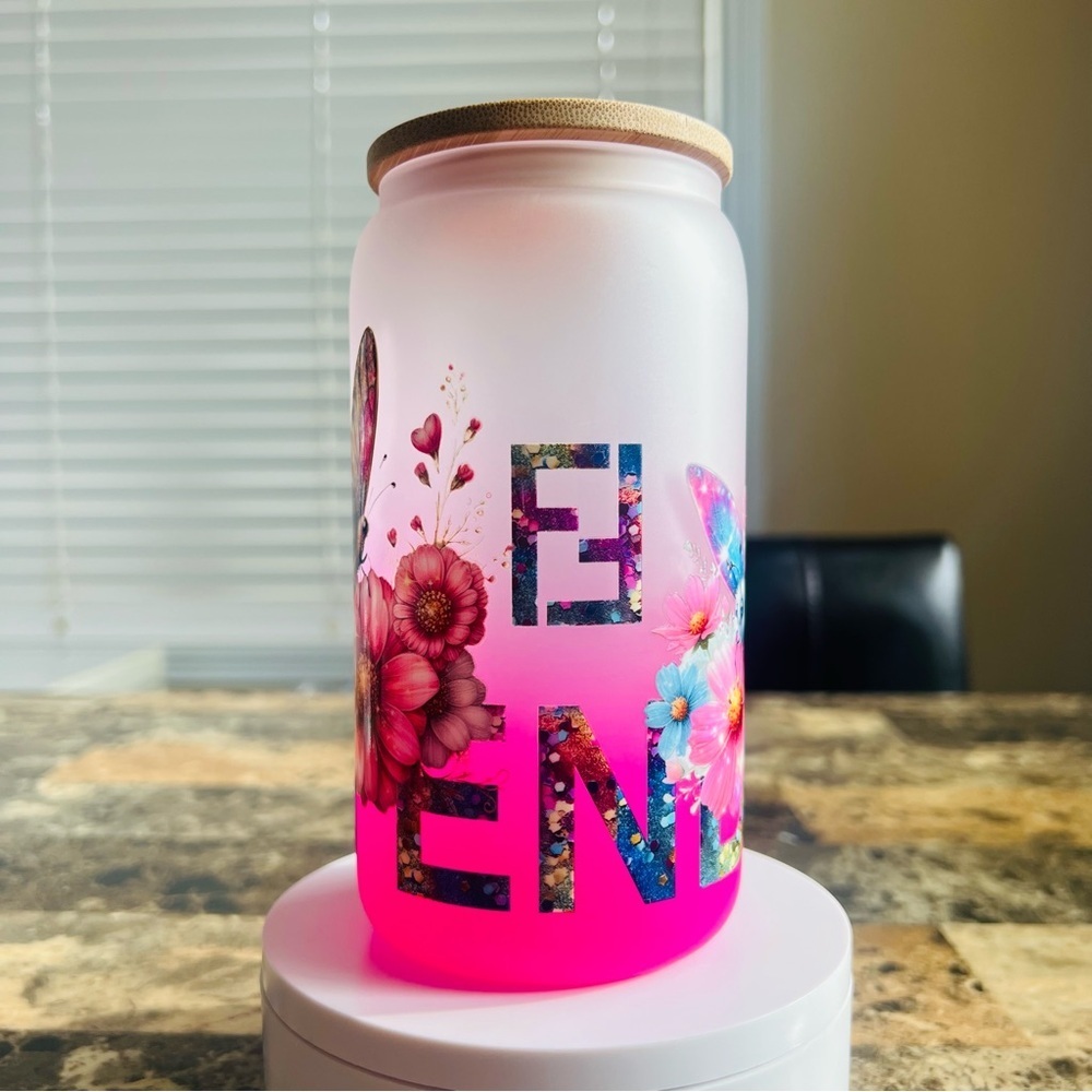 Pink Floral 16 oz Ombre Glass Tumbler with Wooden Lid